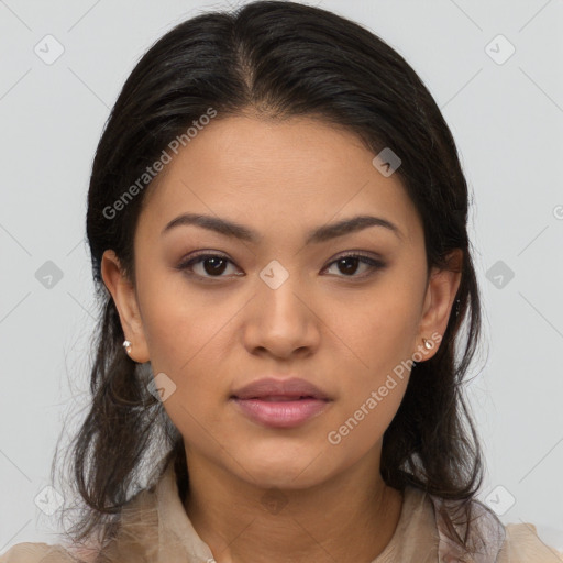 Neutral asian young-adult female with medium  brown hair and brown eyes