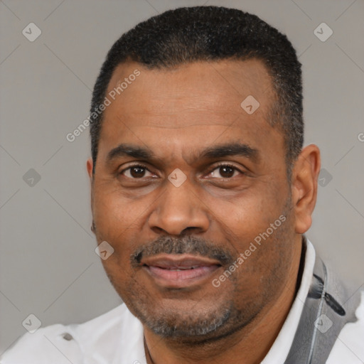 Joyful latino adult male with short  black hair and brown eyes