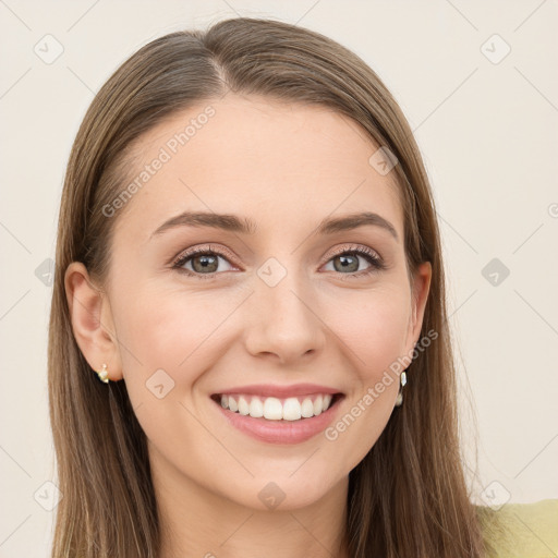 Joyful white young-adult female with long  brown hair and grey eyes