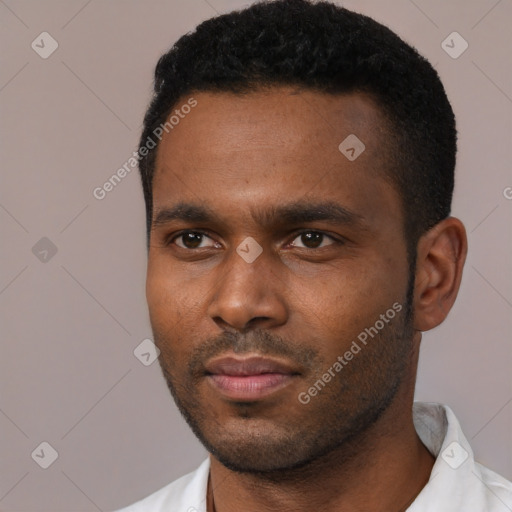 Neutral black young-adult male with short  black hair and brown eyes