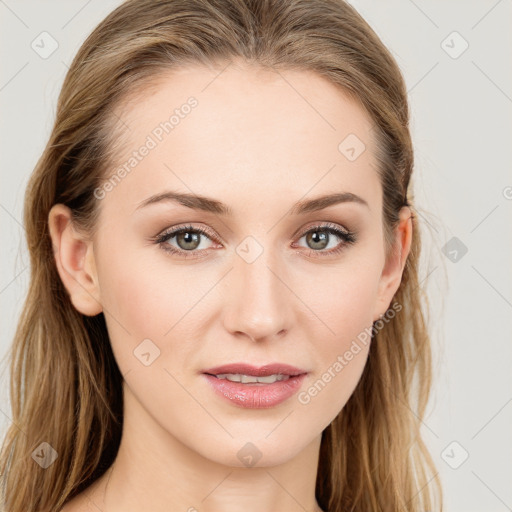 Joyful white young-adult female with long  brown hair and blue eyes