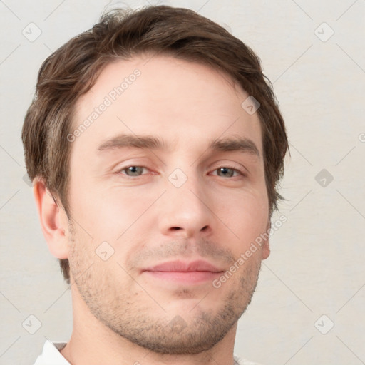 Neutral white young-adult male with short  brown hair and grey eyes