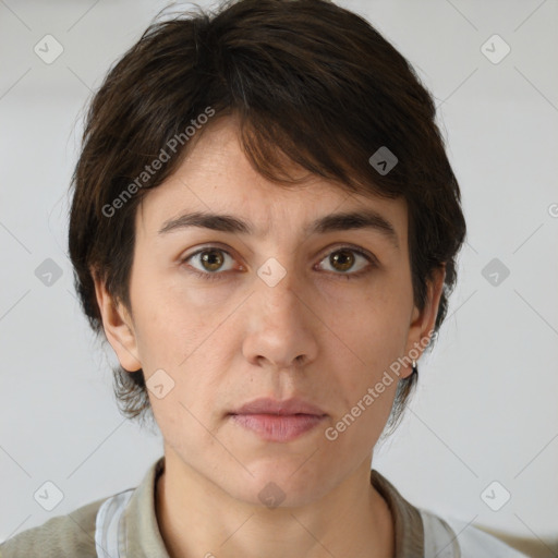 Neutral white young-adult female with medium  brown hair and brown eyes