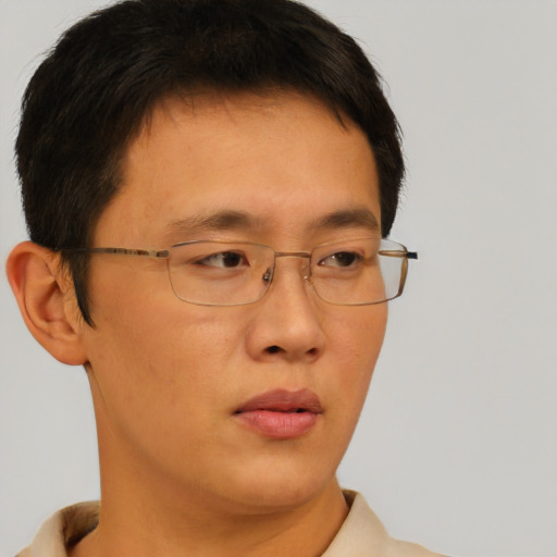 Neutral asian young-adult male with short  brown hair and brown eyes