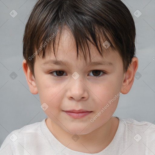 Joyful white child female with short  brown hair and brown eyes