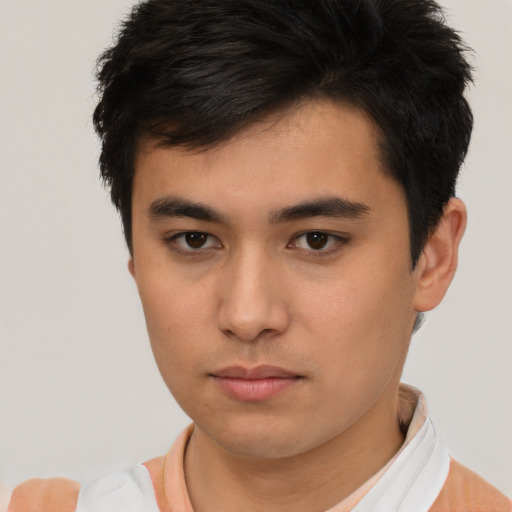 Neutral asian young-adult male with short  brown hair and brown eyes