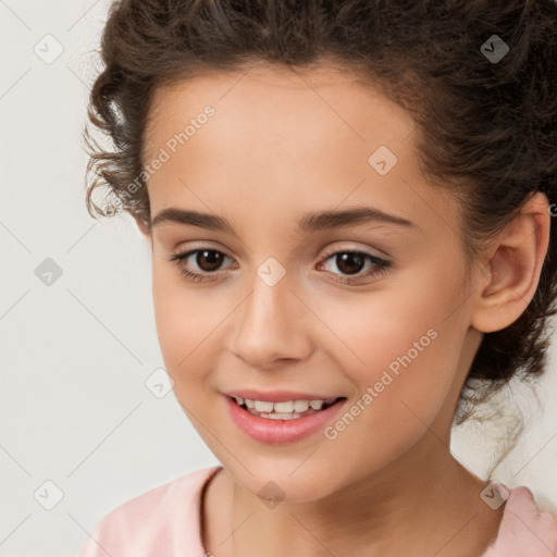 Joyful white child female with medium  brown hair and brown eyes