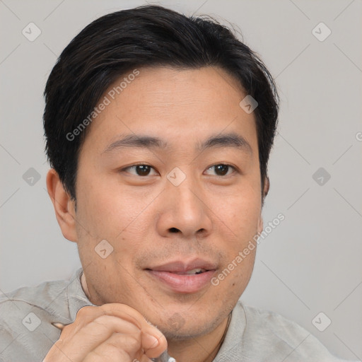 Neutral asian young-adult male with short  brown hair and brown eyes