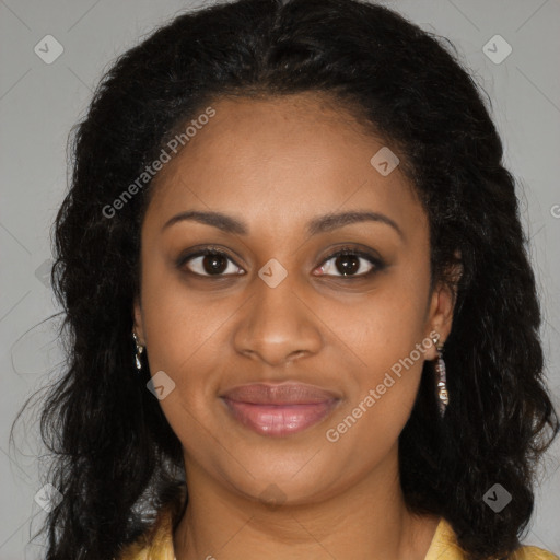 Joyful black young-adult female with long  brown hair and brown eyes