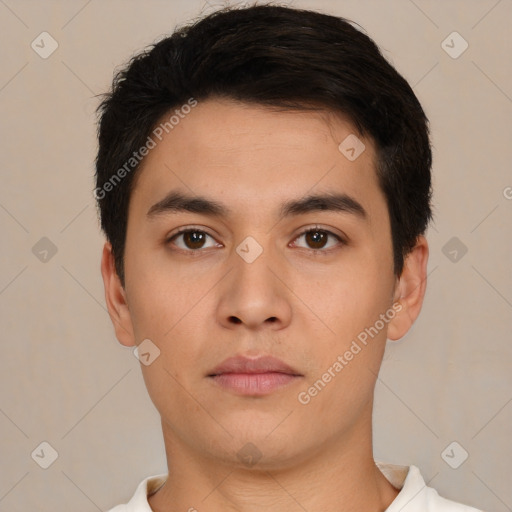 Neutral asian young-adult male with short  black hair and brown eyes