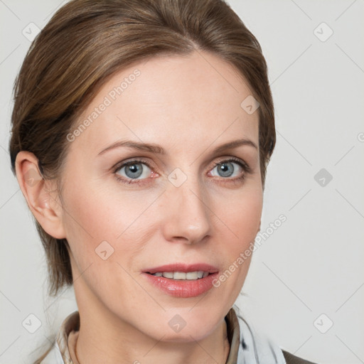 Joyful white young-adult female with medium  brown hair and blue eyes