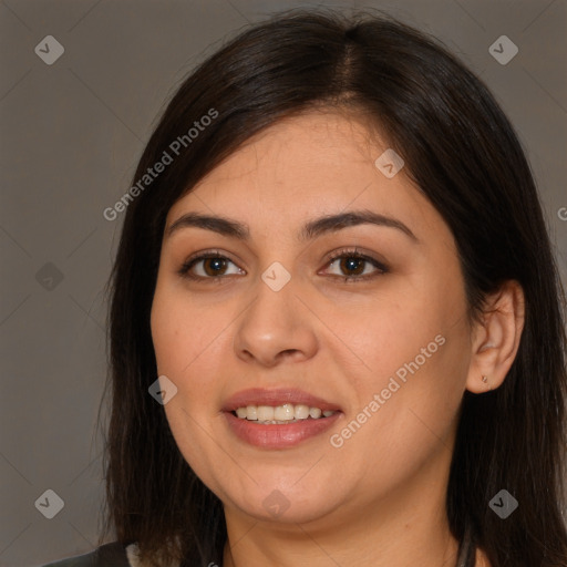 Joyful white young-adult female with long  brown hair and brown eyes