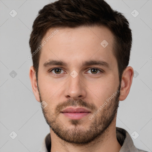 Neutral white young-adult male with short  brown hair and brown eyes