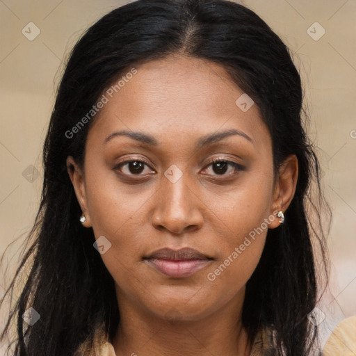 Joyful latino young-adult female with long  brown hair and brown eyes