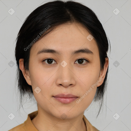 Neutral asian young-adult female with medium  black hair and brown eyes