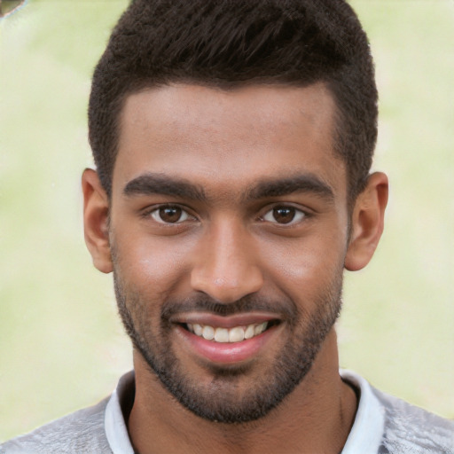 Joyful white young-adult male with short  black hair and brown eyes