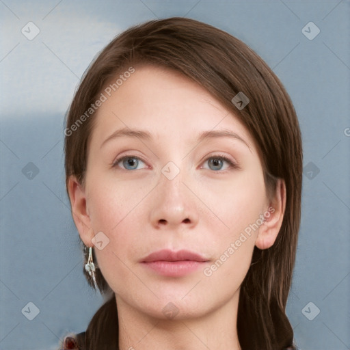 Neutral white young-adult female with long  brown hair and grey eyes