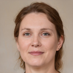 Joyful white adult female with medium  brown hair and grey eyes