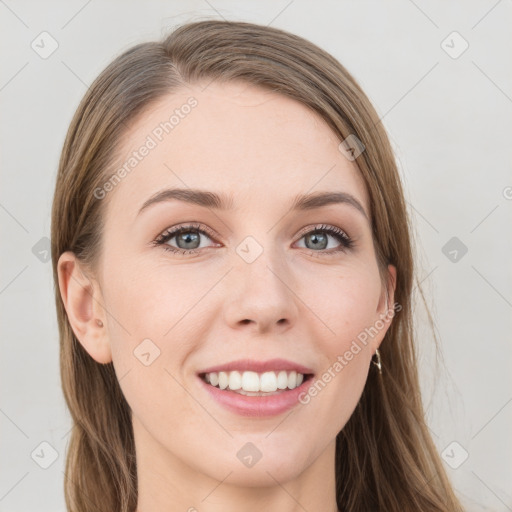 Joyful white young-adult female with long  brown hair and grey eyes