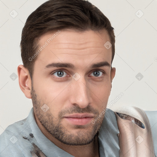 Neutral white young-adult male with short  brown hair and brown eyes