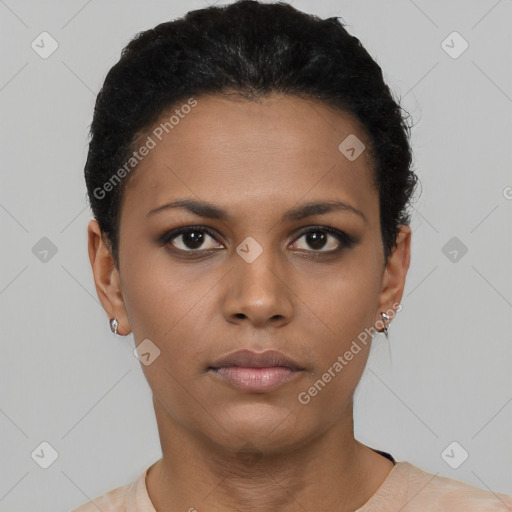 Neutral black young-adult female with short  brown hair and brown eyes