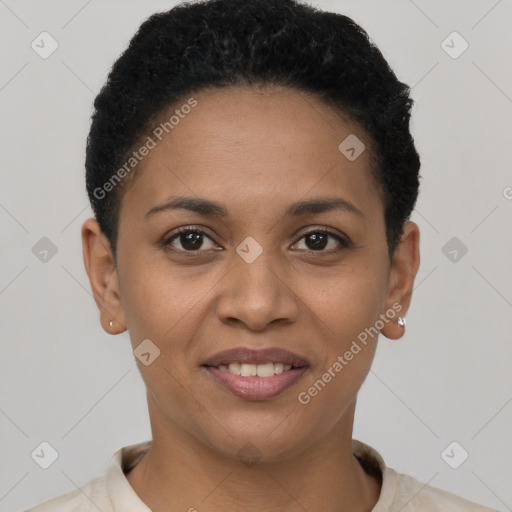 Joyful latino young-adult female with short  black hair and brown eyes