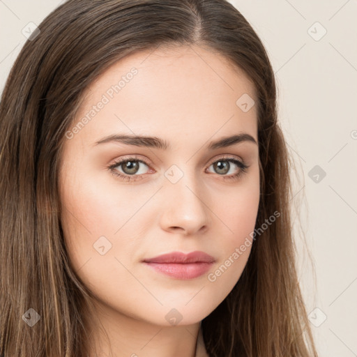 Neutral white young-adult female with long  brown hair and brown eyes