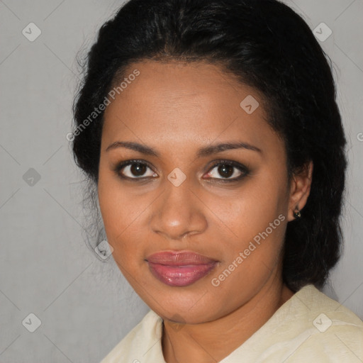 Joyful black young-adult female with medium  black hair and brown eyes