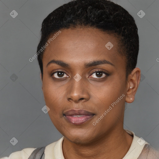 Neutral black young-adult female with short  black hair and brown eyes