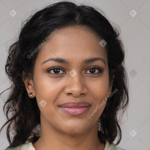 Joyful black young-adult female with medium  brown hair and brown eyes