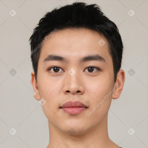 Neutral asian young-adult male with short  black hair and brown eyes