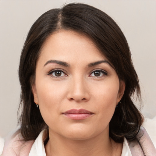 Neutral white young-adult female with medium  brown hair and brown eyes