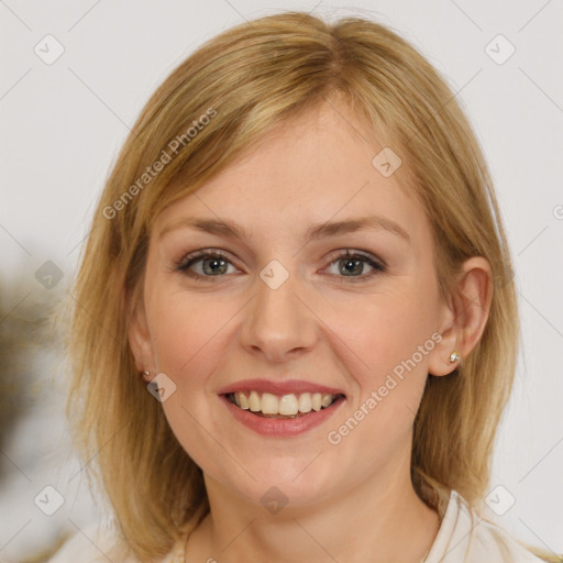 Joyful white young-adult female with medium  brown hair and blue eyes