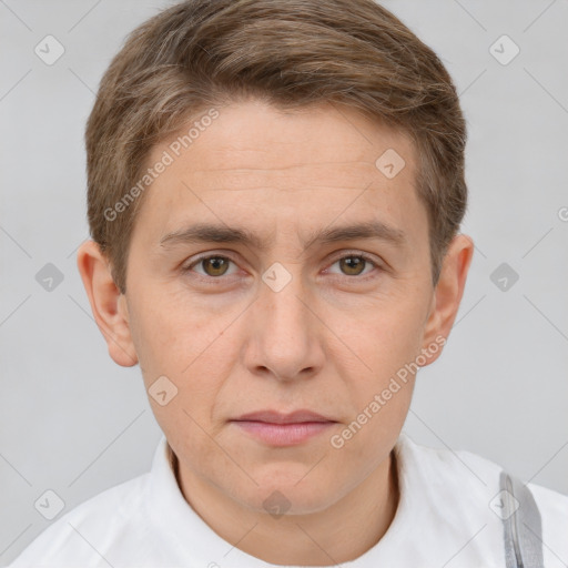 Joyful white adult male with short  brown hair and grey eyes