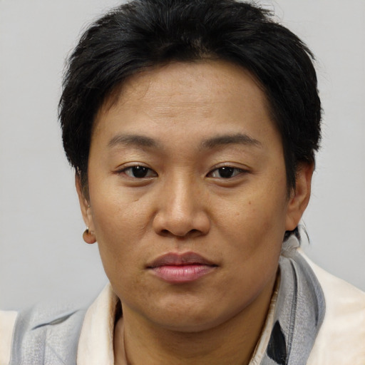 Joyful asian adult female with short  brown hair and brown eyes