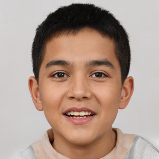 Joyful latino young-adult male with short  brown hair and brown eyes