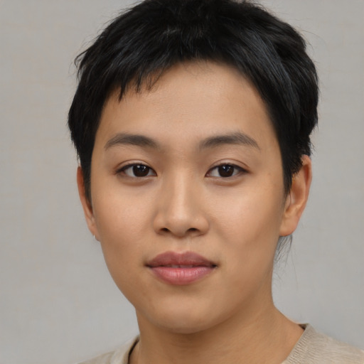 Neutral asian young-adult female with short  black hair and brown eyes