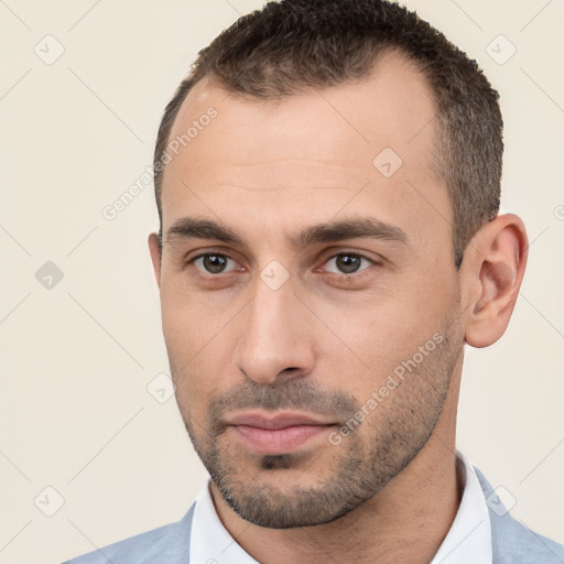 Neutral white young-adult male with short  brown hair and brown eyes