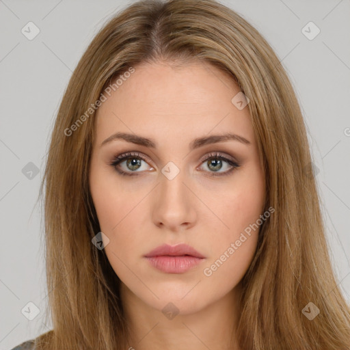 Neutral white young-adult female with long  brown hair and brown eyes