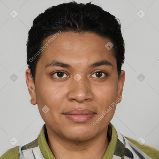 Joyful latino young-adult male with short  black hair and brown eyes