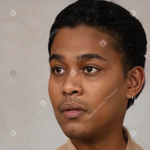 Neutral black young-adult male with short  black hair and brown eyes