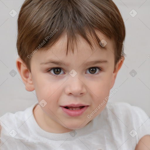 Joyful white child female with short  brown hair and brown eyes