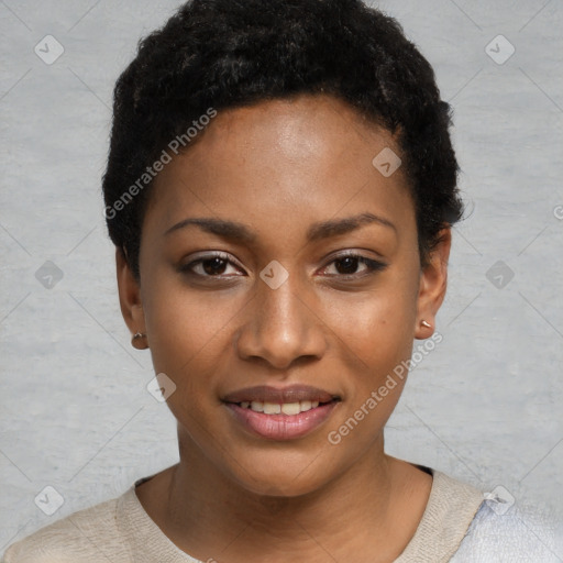 Joyful black young-adult female with short  black hair and brown eyes