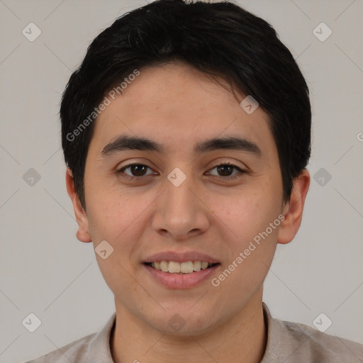 Joyful asian young-adult male with short  black hair and brown eyes