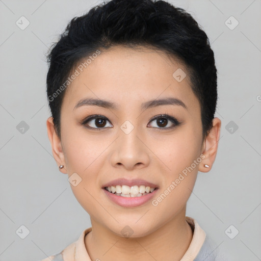 Joyful asian young-adult female with short  brown hair and brown eyes