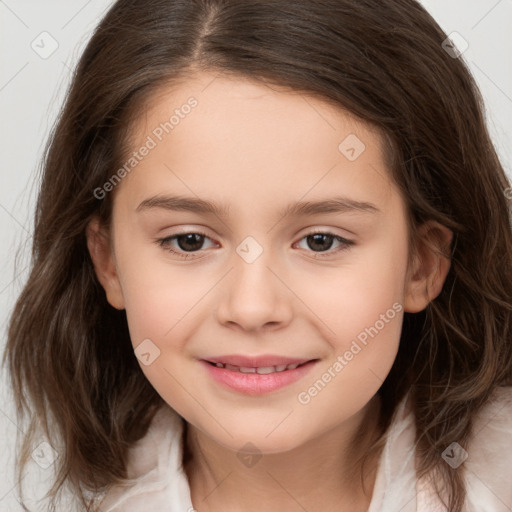 Joyful white child female with medium  brown hair and brown eyes