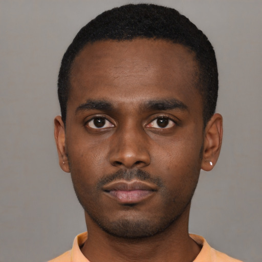 Neutral black young-adult male with short  black hair and brown eyes