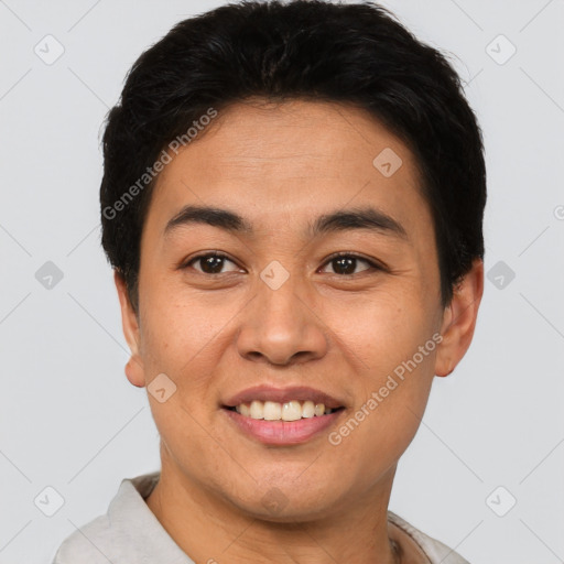 Joyful asian young-adult female with short  brown hair and brown eyes