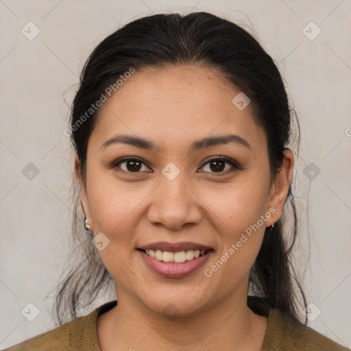 Joyful white young-adult female with medium  brown hair and brown eyes