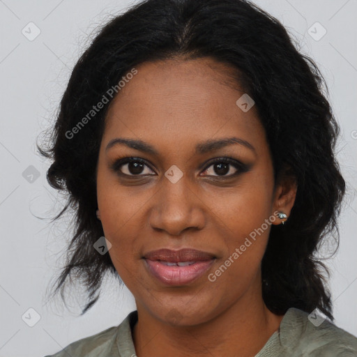 Joyful black young-adult female with medium  brown hair and brown eyes